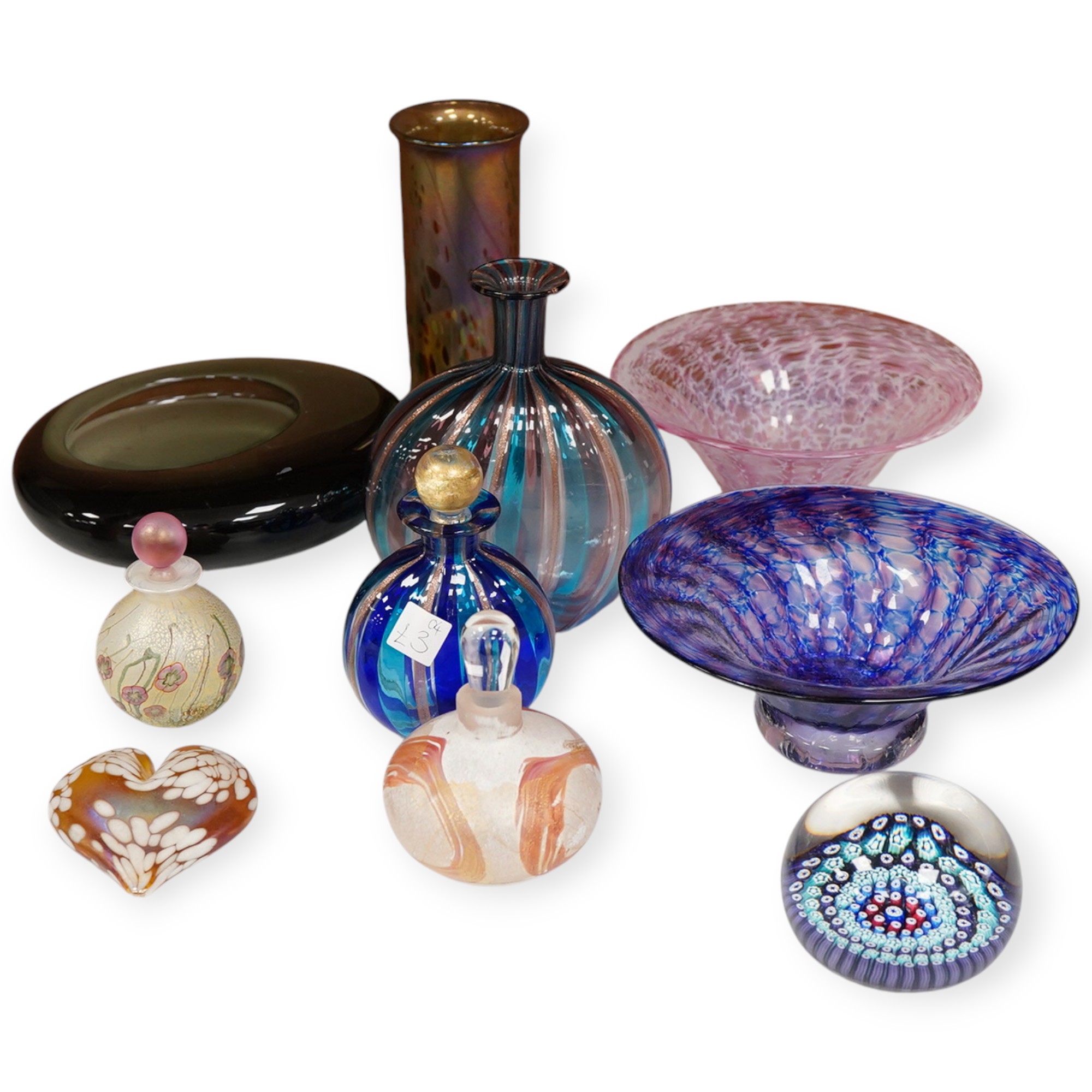 Ten art glass items, including Murano scent bottles etc, 17cm high